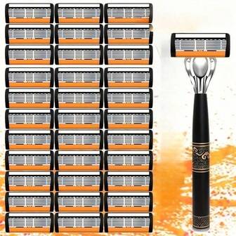 High Quality Men's Shaver With Ergonomic Handle, 2 Anti Slip Blades+30 Reusable Gradient Replacement Carbon Brush Set, Creating A Smooth And Precise Grooming Experience