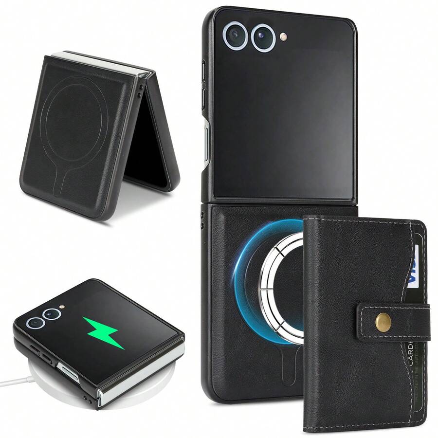 Vintage Magnetic Wallet Phone Case + Magnetic Card Holder Set Made Of Quality PU + TPU With Shockproof, Anti - Slip & Wear - Resistant Functions - Galaxy Z Flip 5, Galaxy Z Flip 6 - Màu xanh lam - Xem 1