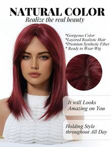 舒适自然弯曲 14 英寸玫瑰红色假发，带刘海，分层时尚假发，适合女士，合成纤维假发，非常适合度假、旅行、家庭聚会，每天佩戴假发 - 玫瑰紅 - 查看 3