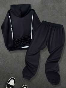 2 Stück Jungen Skelett Muster Hoodie Sweatshirt und Jogginghose Set, Halloween Party Outfit, geeignet für Frühling, Herbst, früher Winter - Schwarz - Übersicht 2