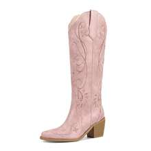 Cowboy Boots For Women Knee High Cowgirl Boots, Western Boots With Floral Embroidered Pointed Toe Chunky Heel Pull On Retro Vintage Classic Tall Boots For Ladies - 粉色 - 查看 5