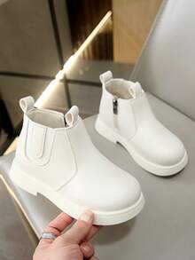 1 Pair Kids' Solid Color Knitted Elastic Pull-On Side Zipper Ankle Boots, Suitable For Outdoor & Daily Wear, Autumn/Winter - White - View 2