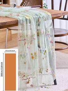 1pc Light Green Floral Embroidered Lace Table Runner, American Farmhouse Style Transparent Tulle Rectangular Tablecloth, Suitable For Weddings, Hotels, Daily Use, Holidays, Birthday Parties, Family Dinners, All Seasons