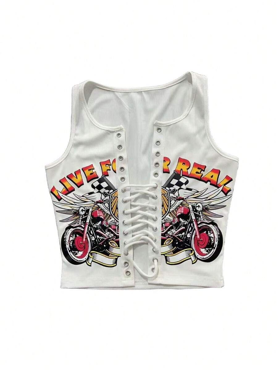 European And American New Sexy Hot Girl Slim Fashion Printed Tie T-Shirt Small Vest - 白色 - 查看 1