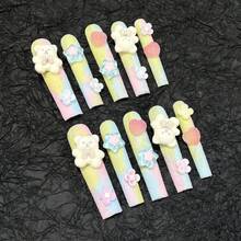 10 Pieces/Set Super Long Water Pipe Nails Macaron Flocked Bear Cute Handmade Wearable Nails Wearable Nail Stickers Suitable For Daily Commuting Outings Vacation Party Christmas Halloween Valentine's Day Or Mother's Day Gifts For Friends, Family, Girlfriend - Ống nước dài - Xem 3
