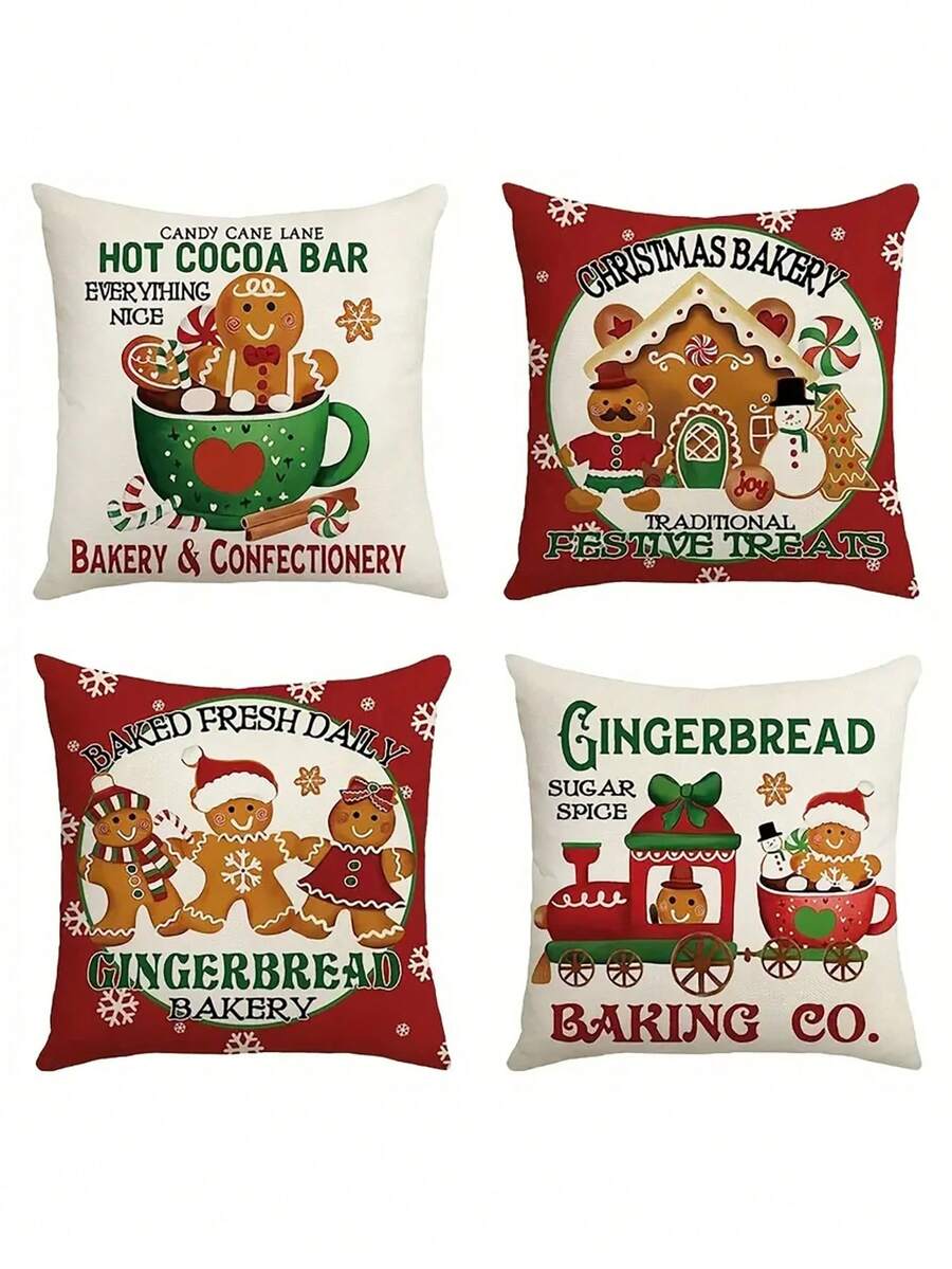 4 piezas Funda de cojín con diseño de hombrecillo de jengibre navideño, estilo lindo de poliéster suave, decoraciones festivas, funda de cojín perfecta para decoración navideña, invernal, rústica para sofá, dormitorio, sala de estar, cama, hogar, regalo de Navidad