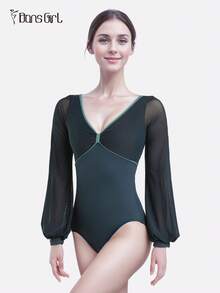 DonsGirl 1 Piece Women's Ballet Leotard - Elegant Bow Neck & Lantern Sleeves | Perfect For Dance Performance, Gymnastics, Ice Skating - 藏蓝色 - 查看 3