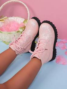 1 Pair Children's Fashion Casual Non-Slip Boots, Solid Color Shiny Lace-Up Design, Side Zipper Girls' Boots Suitable For Travel And Vacation (Random Sole)