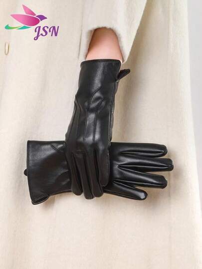 1 par de guantes de cuero PU elegantes y casuales con bordado de unicolor, guantes de pantalla táctil de dedo completo para damas, guantes cálidos y de moda para adultos, adecuados para todas las estaciones, otoño/invierno, ciclismo al aire libre, piel de oveja sintética