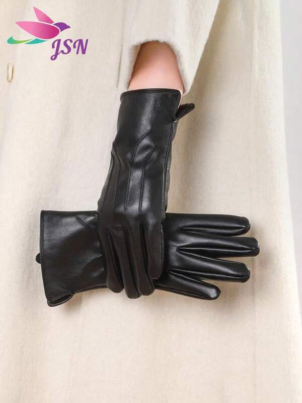 1 Pair Solid Color Elegant Casual PU Leather Embroidered Full Finger Touchscreen Ladies Gloves, Fashionable Warm Gloves For Adults, Suitable For All Seasons, Autumn/Winter, Outdoor Cycling, Faux Sheepskin