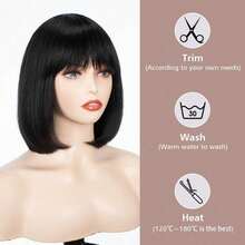 Straight Black Wig, Suitable For Sexy Short Square Ladies Wig, Straight Shoulder Length Bangs Wig With Hair Cap - màu đen - Xem 4