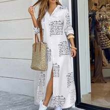 Loose Shirt Dress With Buttons Front, Casual Solid Color Split Hem Dress In Spring And Autumn, Shirt Dresses For Women - Chữ màu trắng - Xem 1