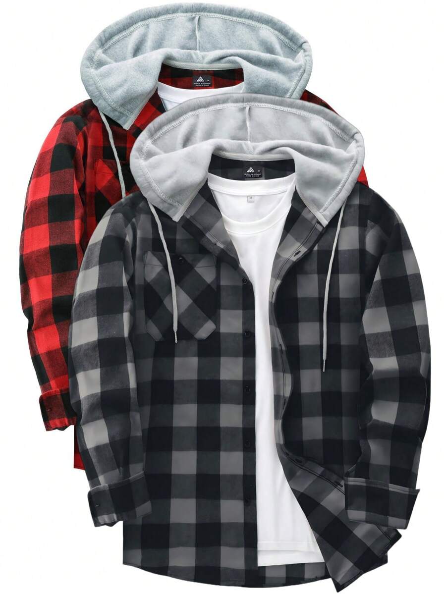 Four Seasons Two-Piece Set Contrast Plaid Men's Casual Hooded Shirt - 紅色白色 - 查看 1