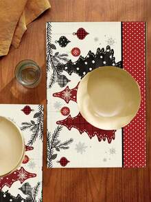 2-4 Set Holiday Christmas Placemat Set, 12x18 Inch, Red & Christmas Tree Design, Durable Polyester, Rectangular Placemat For Festive Dining Decoration, Christmas Dining Accessories | Seasonal Decoration |