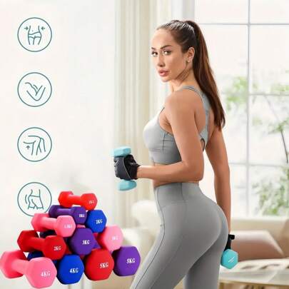 A Pair Of Colorful Matte Dumbbells, Solid Cast Iron Dumbbells, Home Gym Equipment, Plastic-Dipped Dumbbells, Home Gym, Fitness, Compact Design, Fixed