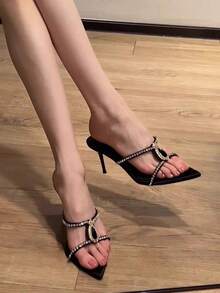 2025 Summer New Gold Square Toe Rhinestone Chain Buckle Strap High Heel Sandals, Elegant & Charming - Black - View 2