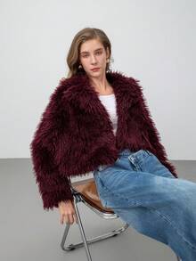 Women's New Solid Color Faux Fur Patchwork Evening Date Elegant Faux Fur Jacket - Burgundy - View 6