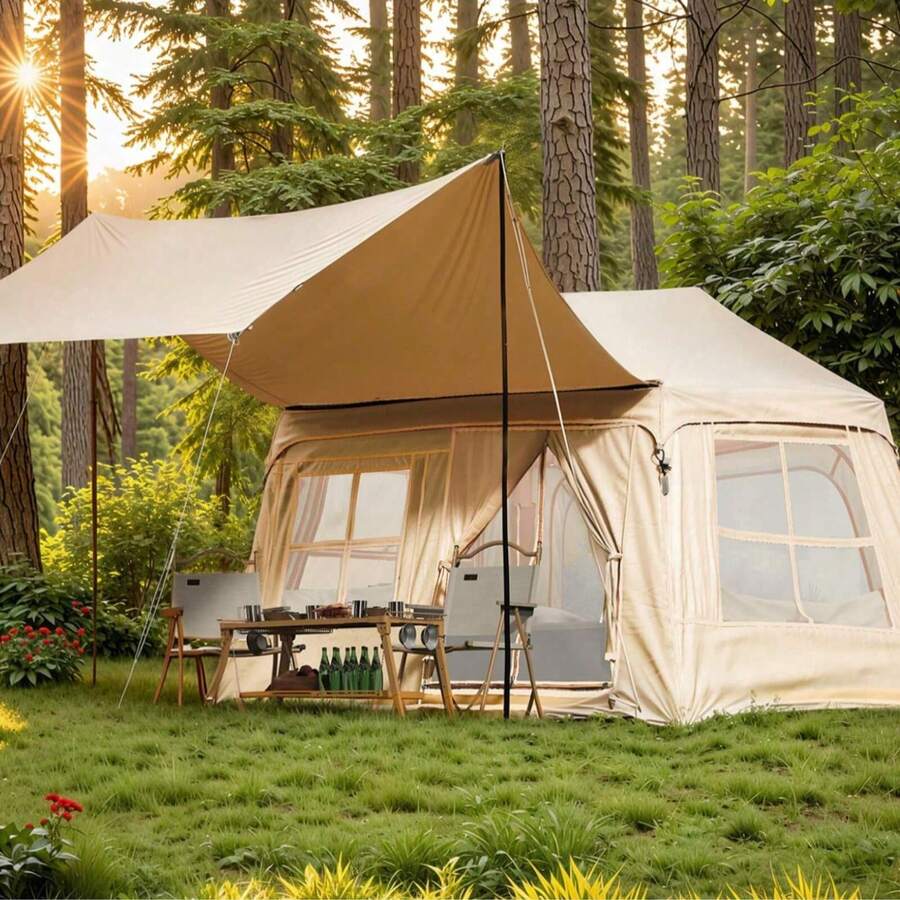 大型家庭户外帐篷 | 可伸缩天篷露营帐篷 | 防水透气多窗口客厅帐篷 - 米色 - 查看 1