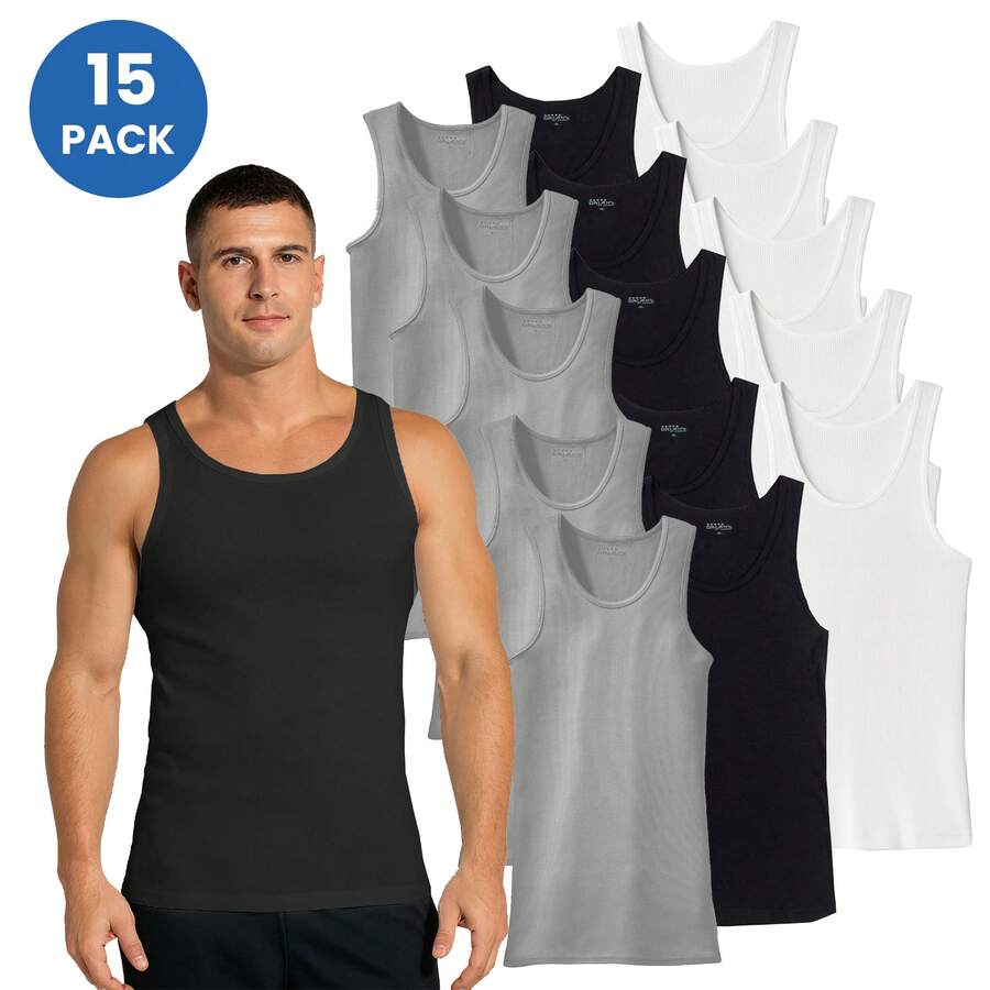 5, 10, 15-Pack Men's Ribbed Classic Tank Tops (Sizes, S To 2XL) - 黑色 x5 - 麻灰色 x5 - 白色 x5 - 查看 1