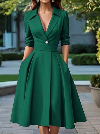 Un vestido elegante de dama con cuello en V profundo de moda francesa. Una camisa versátil de estilo europeo y americano. Un estilo académico estilizador y un vestido casual rojo de longitud media para el lugar de trabajo.