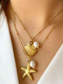 2pcs Seashell Necklace Set For Women 14K Gold Plated Adjustable Layered Starfish Seashell Faux Pearl Pendant Charm Necklace,Stacking Jewelry For Summer Beach Holiday,Summer Jewelry ,Everyday Wear,Birthday Gift,Friendship Gift