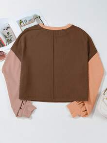 Acelitt Plus Size Women's Patchwork Contrast Color Textured Casual Loose Crew Neck T-Shirt, Spring/Autumn - Multicolor - View 5