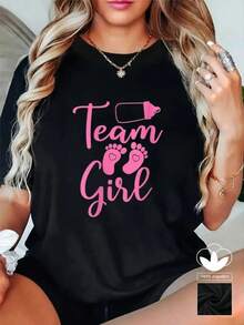 Camiseta negra de mujer, 100% algodón, con estampado gráfico TEAM, camiseta de manga corta con cuello redondo casual y cómoda, ropa de primavera y verano, adecuada para cualquier ocasión, color sólido, casual, uso diario. - Negro - Ver 1