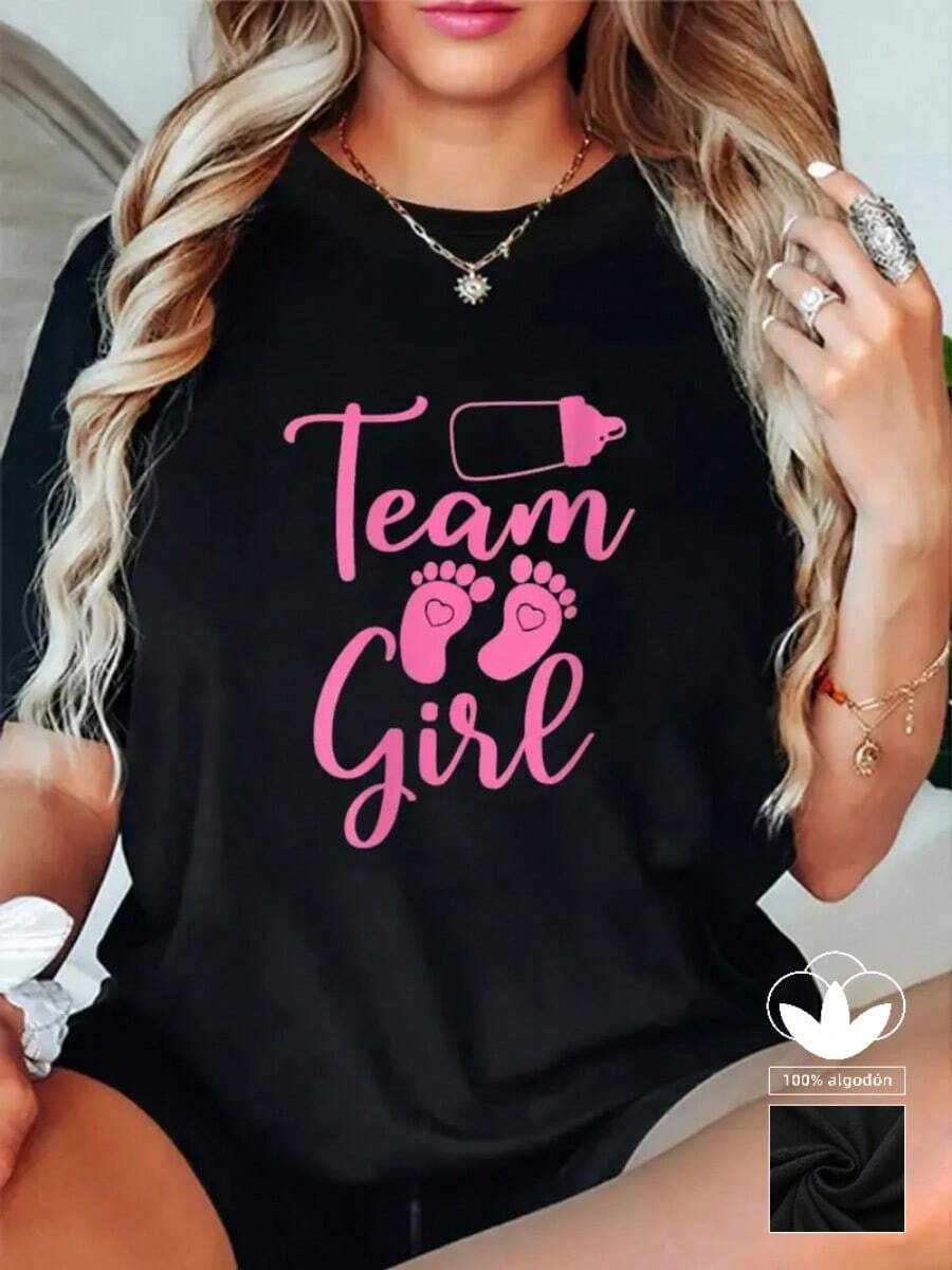 Camiseta negra de mujer, 100% algodón, con estampado gráfico TEAM, camiseta de manga corta con cuello redondo casual y cómoda, ropa de primavera y verano, adecuada para cualquier ocasión, color sólido, casual, uso diario. - Negro - Ver 1