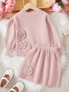 Girls' Knitted Sweater Set, Sweater Top With Bowknot Skirt, Children's Outfit, Elegant Design, Suitable For Autumn/Winter Outings, Holiday Gift - Pink - View 1