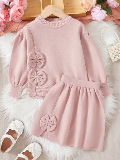 Girls' Knitted Sweater Set, Sweater Top With Bowknot Skirt, Children's Outfit, Elegant Design, Suitable For Autumn/Winter Outings, Holiday Gift