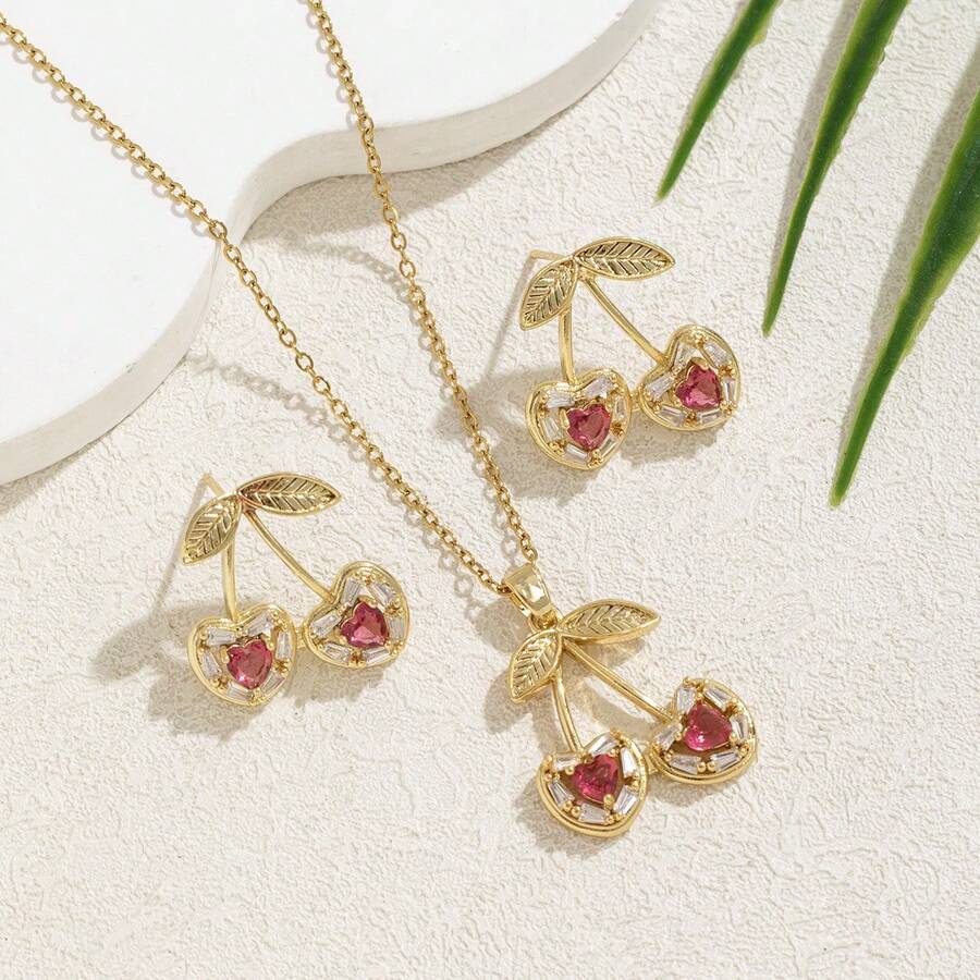 1 pièce Ensemble de collier pendentif et boucles d'oreilles en acier inoxydable en forme de cerise, bijoux de luxe polyvalents avec design de cerise, cadeau - Cerise dorée - Voir 1