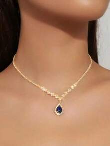 复古海军蓝水滴方晶锆石吊坠项链，优雅派对风格女士项链，精美礼品项链 - 金色 - 查看 2
