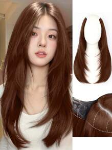22 Inch/55cm Invisible V-Shaped Long Straight Wig For Women, With Long Curly Hair Extension Piece, Built-In Clips For Natural Looking Hair Integration - Black-brown - View 14