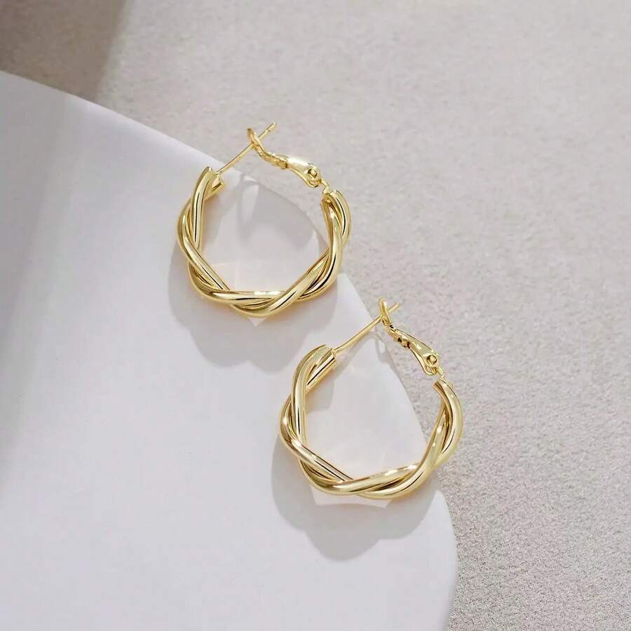1pair European & American Style Metal Twisted Hoop Earrings With Silver Needle, New Earrings With High-End Aesthetics For Women - 金色 - 查看 1