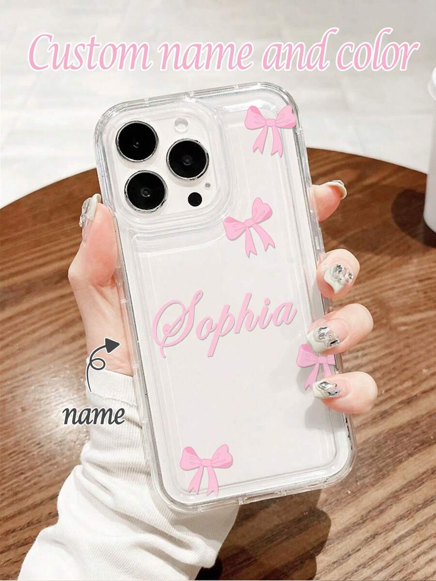 1pc Customized Name & Bowknot Color Pattern Phone Case, Fashionable Custom Design Reflective Thick Anti-Drop Phone Case Compatible With IPhone 11 12 13 14 15 16 Pro Max,International Version, Not The Domestic Version - Clear - View 1