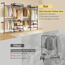 L4 Wall Mounted Industrial Pipe  Clothes Rack, Closet Organizer System With 6 Hanging Clothes Rods ( 4 Expandable Rods ), Clothing Rack With 8 Shelves, Heavy Duty Corner Garment Rack, Large Storage Wardrobe Closet Kit