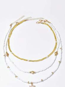 3pcs Women's Fashionable Necklace, Summer Seaside Vacation Shell Pendant Rice Beads Beaded Necklace Simple Girl Style Faux Pearl Inlaid Golden Beads Multiple Stacked Necklace Set, Glass Rice Beads Material, Summer Seaside Vacation Sends Girlfriend, Summer Rice Bead Necklace Halloween Costume