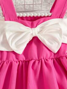 Baby Girls' Fashionable Color Block Suspender Dress, Cute Elegant Contrast Bow, Outdoor Sports Dress, Spring/Summer - Hot Pink - View 3