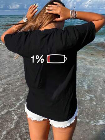 Plus Size Women's Summer Only 1% Battery Left Graphic T-Shirt,Casual Comfort Top Daily Wear Vacay Vibes, Summer,Tops,Graphic Tee