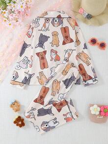 2 件套女孩和青少年休闲卡通小狗印花翻领长袖开衫和裤子睡衣套装，阻燃，适合所有季节 - 彩色 - 查看 2