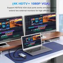 NUO XI 11 合 1 USB C 集线器适配器，带 4K USB C 转 HDTV、VGA、100Mbps 以太网、100W PD、3 USB-A 5Gbps、MicroSD/SD 读卡器，兼容大多数 C 型设备 - 灰色 - 查看 8
