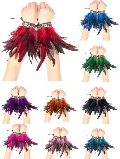 人造羽毛腕带 羽毛蕾丝手镯 蕾丝腕带 女士万圣节服装角色扮演 2 件装