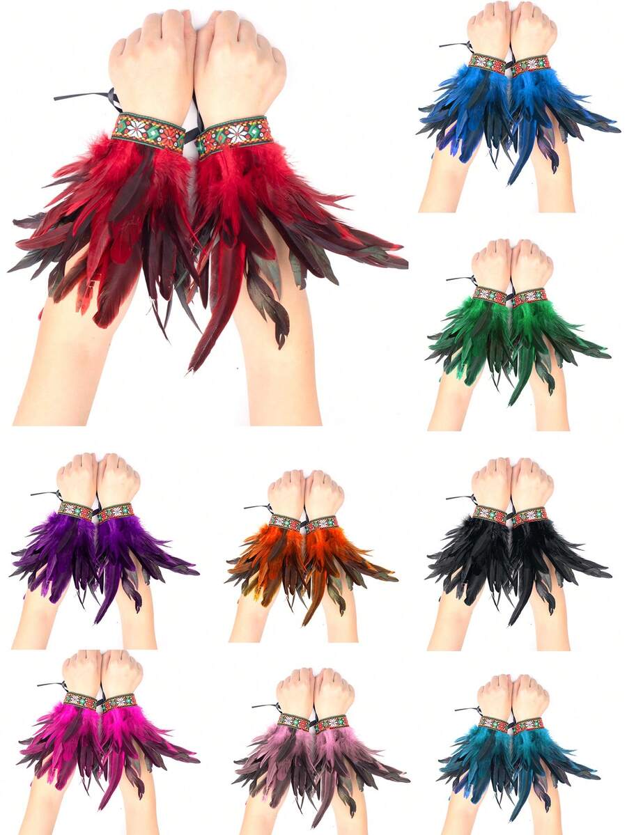 人造羽毛腕带 羽毛蕾丝手镯 蕾丝腕带 女士万圣节服装角色扮演 2 件装 - 彩色 - 查看 1