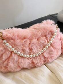 Geantă de mână plisată din pluș, la modă, cu decor de lanț de perle, culoare solidă, geantă de umăr portabilă pentru femei, potrivită pentru toamnă/iarnă, ideală pentru cadouri de sărbători