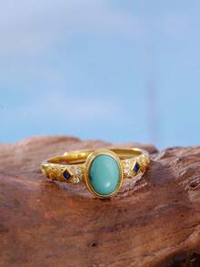 Genuine Sterling 925 Silver Ring 18K Gold Plated Adjustable Turquoise Ring 7*5mm Natural Gemstone Jewelry Gifts
