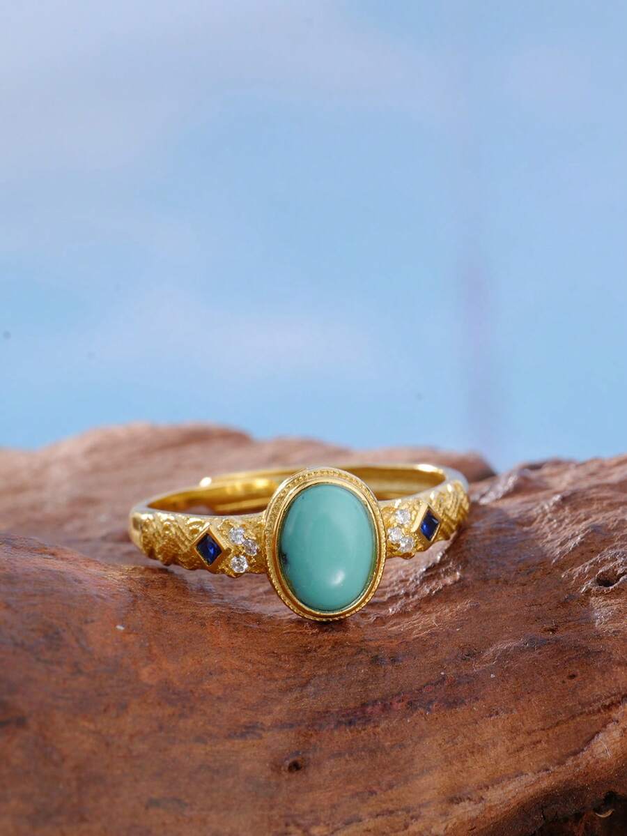 Genuine Sterling 925 Silver Ring 18K Gold Plated Adjustable Turquoise Ring 7*5mm Natural Gemstone Jewelry Gifts
