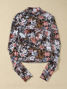 Acelitt Top à col roulé ajusté en maille à imprimé floral marron, manches longues, printemps/automne, vacances - Multicolore - Voir 6