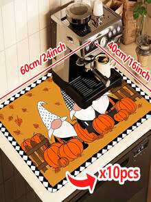 1/10 piezas Esterilla de drenaje de cocina con estampado de cuadros negros y blancos, hojas de arce o calabaza para el Festival de la Cosecha de Otoño - Esterilla de drenaje absorbente, Serie naranja de Acción de Gracias feliz - Adecuada para máquinas de café, almohadillas para lavavajillas - Decoración festiva - Multicolor - Ver 13