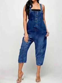 Street Style Women's Denim Overalls, Capri Pant,Solid Color Denim Cropped Pants, Mid Waist Non Elastic, Casual And Versatile, Youthful Looking, Suitable For All Seasons, Paired With Multiple Button Decorations, Retro Casual, Suitable For Back To School Season, Commuting, Going Out, Vacation, Lazy Style, Retro Parties, Gatherings, Banquets. - Rửa tối - Xem 1