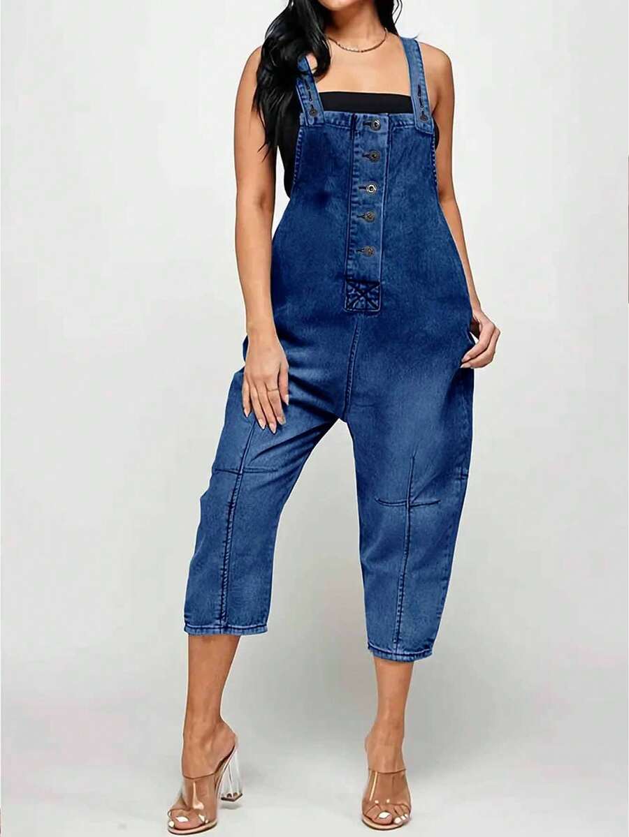 Street Style Women's Denim Overalls, Capri Pant,Solid Color Denim Cropped Pants, Mid Waist Non Elastic, Casual And Versatile, Youthful Looking, Suitable For All Seasons, Paired With Multiple Button Decorations, Retro Casual, Suitable For Back To School Season, Commuting, Going Out, Vacation, Lazy Style, Retro Parties, Gatherings, Banquets. - Rửa tối - Xem 1